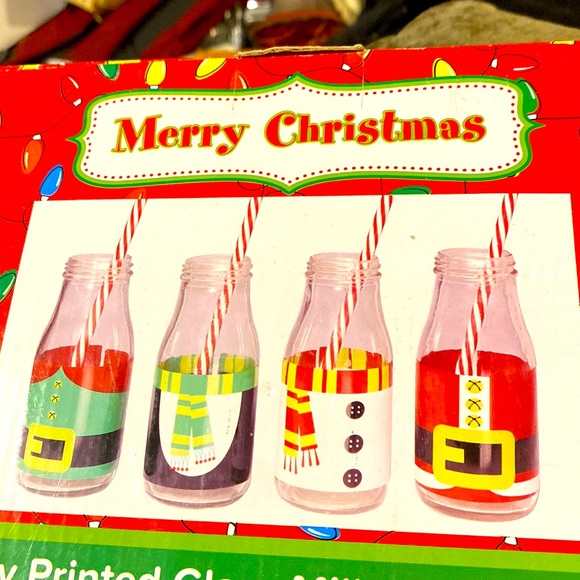 Other - New 4 pc. Holiday printed glass milk jugs with red & white stripe straws